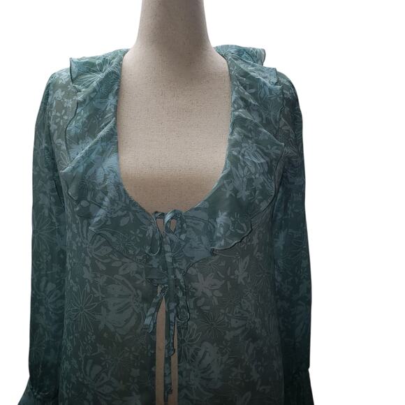 Wild Fable Sheer Floral Kimono Cardigan Light Blue, Ruffle Tie Front, Size Small - Picture 4 of 11